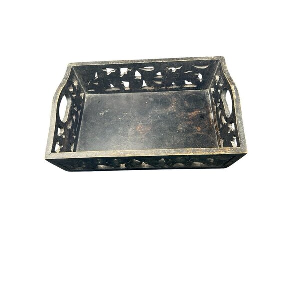 Black Carved Weathered Wood Box Tray Open work Handles Leaves Vine 12 x 8 x 3" - Picture 4 of 11